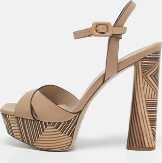 Le Silla Beige Printed Leather Ankle Strap Platform Sandals