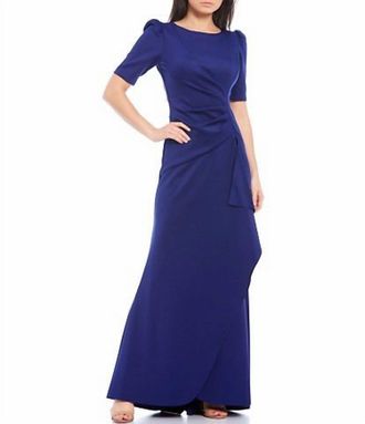Xscape 3D Floral Applique Scuba Crepe Mermaid Gown In Royal