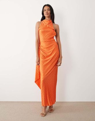 Asos Vestito lungo pliss&eacute; arancione a zig-zag con collo a sciarpa