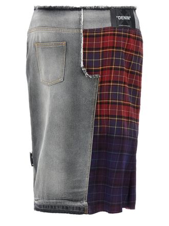 Off-white Patchwork Denim and Plaid Skirt - Multicolor