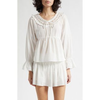 Poss&eacute; Danielle Floral Embroidered Lace Trim Babydoll Top in Vintage White at Nordstrom, Size Xx-Small