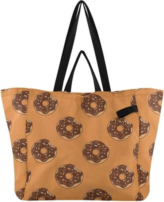 Generic Dessert Donuts Chocolate Orange pattern Reusable Canvas Tote Bag, Heavy Duty Grocery Shopping Bag with Double Handles Large Capacity Hard Bottom Work 