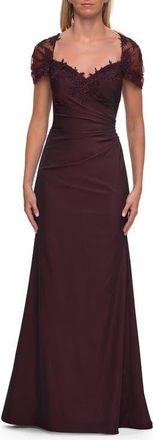 La Femme Embroidered Lace Sleeve Gown with Keyhole Back in Dark Berry at Nordstrom, Size 18