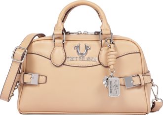True Religion Brooks Smooth PU Belted Satchel - Womens Top Handle Satchel with Detachable Crossbody Strap (Black)