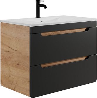 Vente-Unique Mueble de ba&ntilde;o flotante con lavabo encastrado - 80 cm - Natural claro y antracita - ARUBA