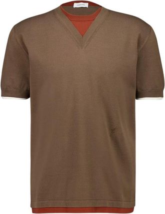 Ferragamo Tops, Heren, Bruin, L, Katoen, Gelaagd Gebreid T-shirt in Klei