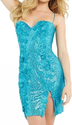 Jovani Embellished Tie Back Short Dress In Turquoise