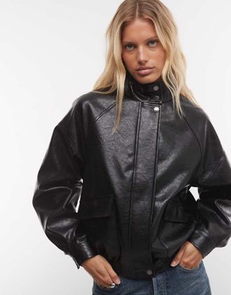 French Connection giacca in similpelle con collo alto nera-Nero