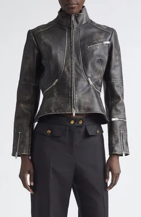 Alexander McQueen Crop Brushed Leather Jacket in Black/Brown at Nordstrom, Size 6 Us