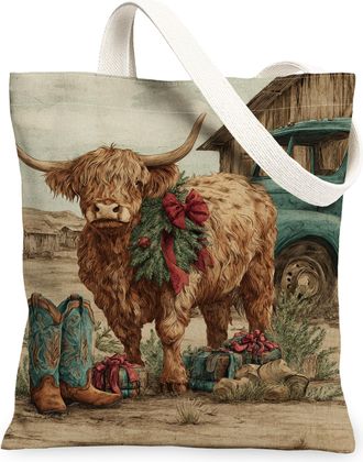Generic Highland Cow Canvas Tote Bags, Rustic Farm Animal Design Reusable Bags, Lightweight Washable Shoulder Strap for Travel Outd, Brown, 13x15 Inch