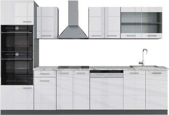 Vicco Cucina componibile R-Line, Bianco lucido/antracite, 300 cm con armadio alto, pl Marmo