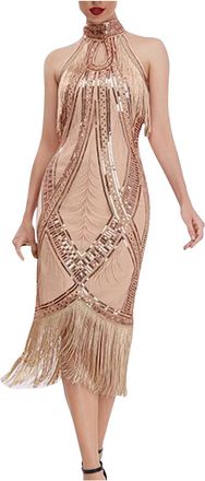 Generic 1920s Vintage Tassels Flapper Dress Sequin Fringed Dress Ballroom Dance Sling Skirt Great Gatsby Dresses Sleeveless Midi Costume Halter Neack Glitter 