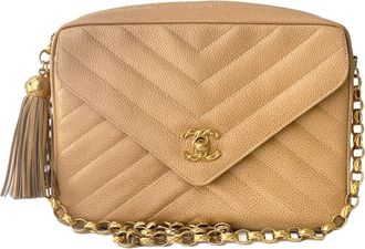Chanel Beige Quilted Chevron Caviar Bijoux Camera Flap Bag