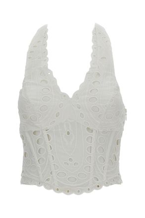 Charo Ruiz Ibiza White Halter Eyelet Top With Smocked Back