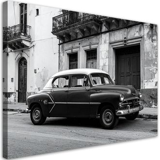 Feeby Cuadro En Lienzo, Coche Americano Negro Aparcado En Una Calle De La Habana Cuba, 100x70
