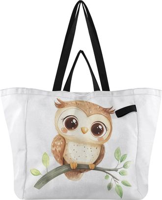 Generic Owl Branch Leaves White pattern Reusable Canvas Tote Bag, Heavy Duty Grocery Shopping Bag with Hard Bottom Double Handles Large Capacity Work Grocerie