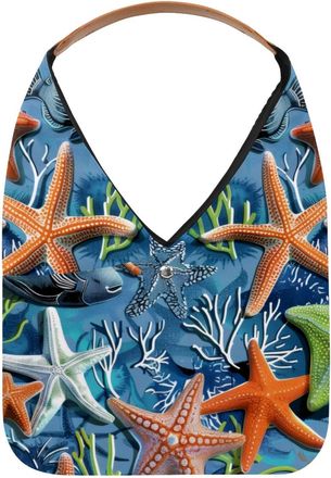 Generic Sea Fish Coral Starfish Pattern Reusable Lightweight Grocery Bags - Foldable Into Compact Pouch, Washable & Sturdy, Multipurpose for Shopping and Trav