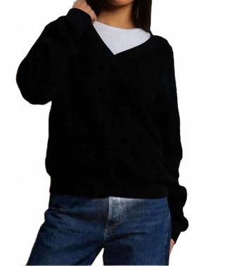 perfectwhitetee Zuri Reverse Fleece V-Neck Sweater In True Black