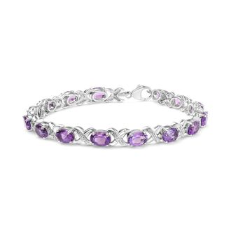 House of Brilliance 925 Sterling Silver 7x5mm Oval Amethyst and Diamond Accent X-Link Bracelet (H-I Color, SI1-SI2 Clarity) - Size 7