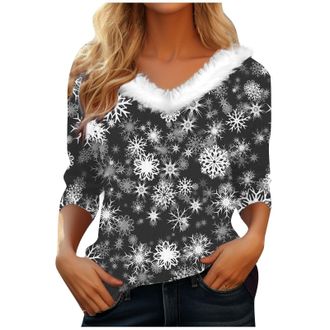 Generic Womens Reindeer Snowflake Long Sleeve Festive Sweater Christmas Jumper Faux Fur Collar V Neck Santa Claus Funny Graphic Xmas Tops Christmas Tree Snowf