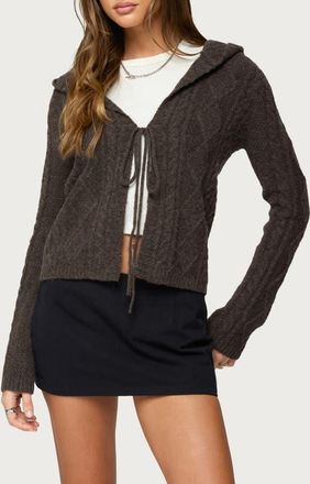 Edikted Jayla Cable Knit Hooded Cardigan in Brown at Nordstrom, Size X-Small