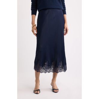 Nordstrom Lace Trim Satin Bias Midi Skirt in Navy Night at Nordstrom, Size Xx-Large