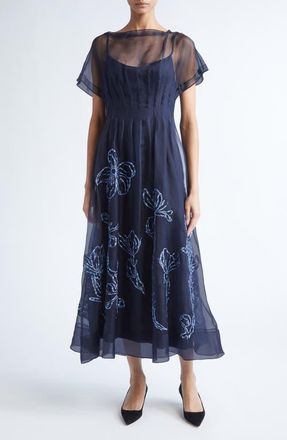 Lela Rose Ikat Floral Embroidered Silk Organza Dress in Navy/Blue at Nordstrom, Size 14