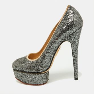 Charlotte Olympia Metallic Grey Coarse Glitter Dolly Pumps