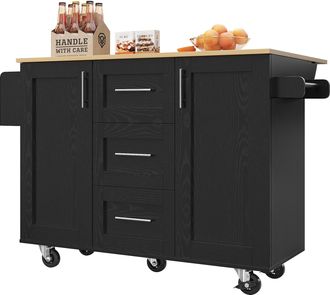 STILVORA Carro De Cocina Con 3 Cajones, Estantes Ajustables, Toallero Y Ruedas, Para Cocina, En Mdf Y Metal, 135 X 46-74 X 86,6 Cm, Negro