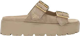 Prada Sliders, female, Beige, Size: 7 1/2 US Suede Strap Slides
