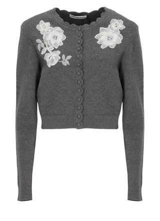 Self Portrait Cropped Knit Cardigan With Floral Appliqu&eacute;s And Padded Shoulders