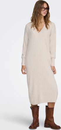 Only Strickkleid ONLY ONLNEW TESSA L/S MIDI V DRESS, Damen, Gr. L, N-Gr, weiss (pumice stone melange), Strick, Obermaterial: 100% Polyacryl, meliert, unifa