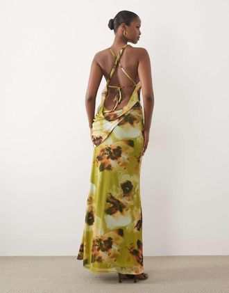 Asos Vestito lungo sinuoso verde a fiori allacciato al collo con drappeggio-Multi