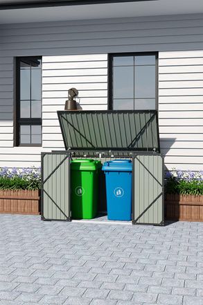 H&O Direct Metal Outdoor Garbage Storage Shed with Hinged Lid in Black