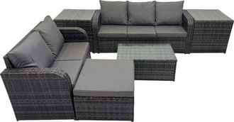 Fimous Outdoor Love Sofa 3 Seater Sofa Coffee Table Set Garden Rattan Furniture Set 6 Seater with 2 Side Tables Big Stool Dark Grey - Fimous