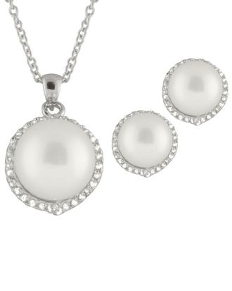 Splendid Pearls Silver 9-9.5Mm Pearl & Cz Necklace & Drop Earrings Set