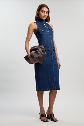 Karen Millen Womens Denim Sleeveless Midi Button Detail Dress - Blue Cotton - Size 12 UK