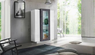 Dmora Vitrina Moderna Con Puerta De Cristal, Made In Italy, Con Luz Led Blanca, Aparador Con Estantes, Vitrina De Sal&oacute;n, 80x38h121 Cm, Color Blanco Brillo Y