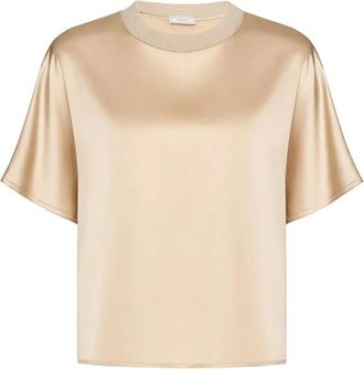 PESERICO Tops, Dames, Beige, XL, Satijn, Stretch Zijde Satijn T-shirt