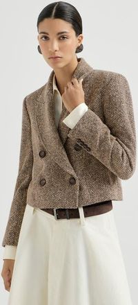 Brunello Cucinelli Sparkling virgin wool chevron cropped blazer in Light Brown at Nordstrom, Size 50