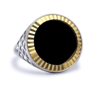 Jewelco London Silver Full Sovereign Coin Mount Onyx Ring 9ct Gold Fluted Bezel | Size: Z+1