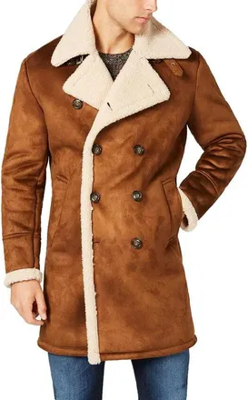 Guess Pea Coat Mens Brown Faux Shearling Double-Breasted Jacket MAC1