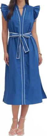Entro Ruffle Sleeve Midi Dress In Blue/ White