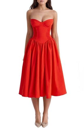 House of CB Elizabeth Strapless Corset Fit & Flare Midi Dress in Flame Scarlet at Nordstrom, Size X-Small D