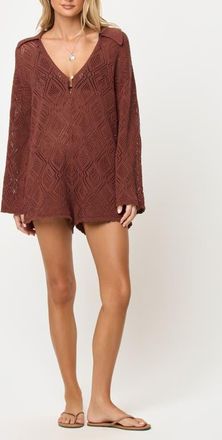 L*Space Golden Daze Open Stitch Cotton Cover-Up Romper in Cafe at Nordstrom, Size X-Small