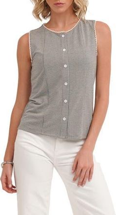 Cyrus Picot Trim Sleeveless Houndstooth Top in Black at Nordstrom Rack, Size X-Large