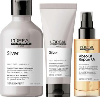 L&acute;Or&eacute;al Professionnel Womens Serie Expert Silver Trio - Purple Shampoo 300ml, Conditioner 200ml & 10-in-1 Leave-In Oil 90ml Brass - One Size