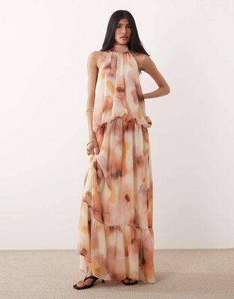 Mango Vestito lungo allacciato al collo a balze color crema a fiori sfocati-Multi