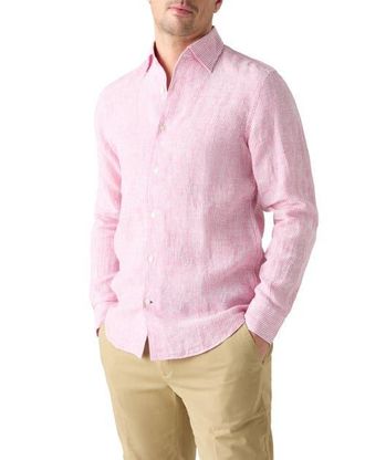 Robert Talbott Morgan Medium Stripe Linen Shirt in Magenta at Nordstrom, Size Xx-Large - 36