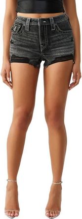 True Religion Frayed High Waist Denim Dolphin Shorts in Black Wash at Nordstrom, Size 26